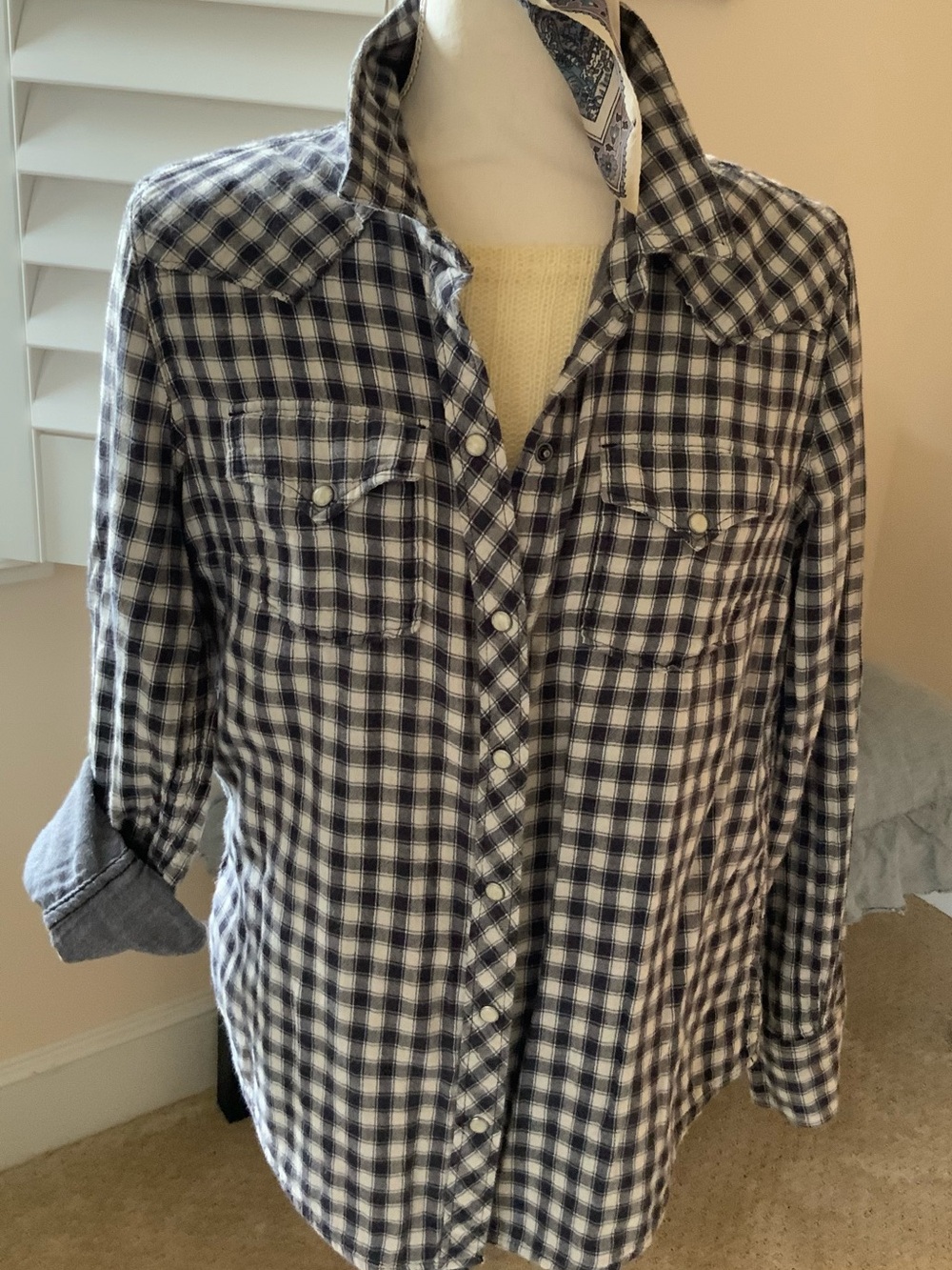 Lucky Brand Navy and White Plaid Snap Button-Down Lined Shirt